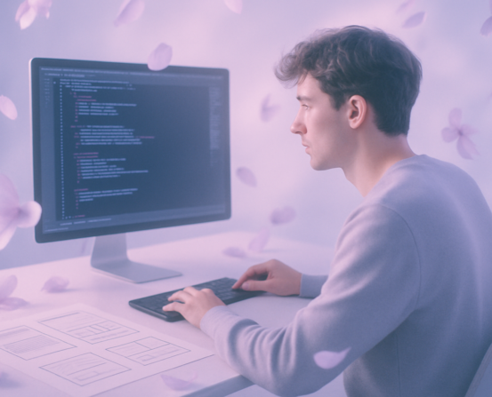 Diseño web corporativo moderno y desarrollo de código en pantalla.