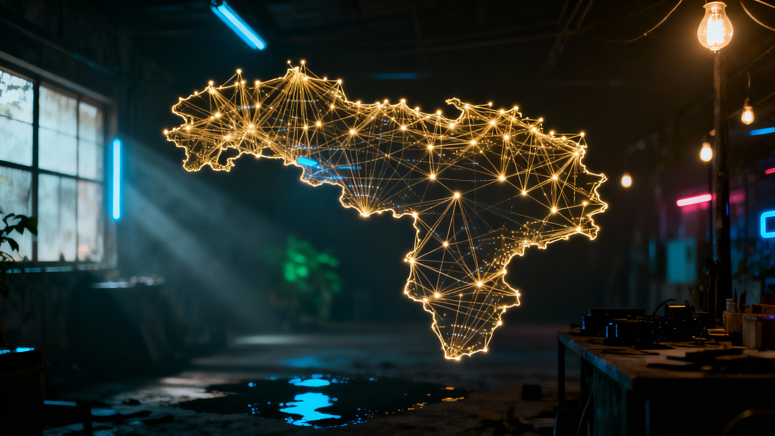 Mapa de Venezuela futurista creado con circuitos de luz neón y nodos de datos, simbolizando la transformación digital y el auge de la IA en la economía venezolana.