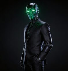 Robot humanoide futurista con luces neón verdes representando los servicios de inteligencia artificial y automatización de procesos de Nexum.