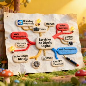 Mapa mental que relaciona servicios de diseño digital con herramientas específicas de IA