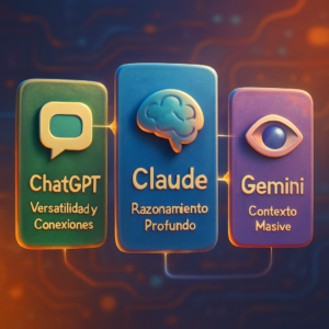 Tarjetas comparativas de tres asistentes de inteligencia artificial: ChatGPT, Claude y Gemini