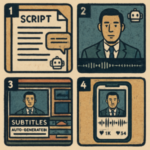Storyboard de cuatro paneles mostrando el proceso completo de creación de video asistido por IA
