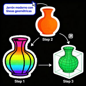 Diagrama que muestra el proceso de transformación de texto a imagen 2D y luego a modelo 3D con IA