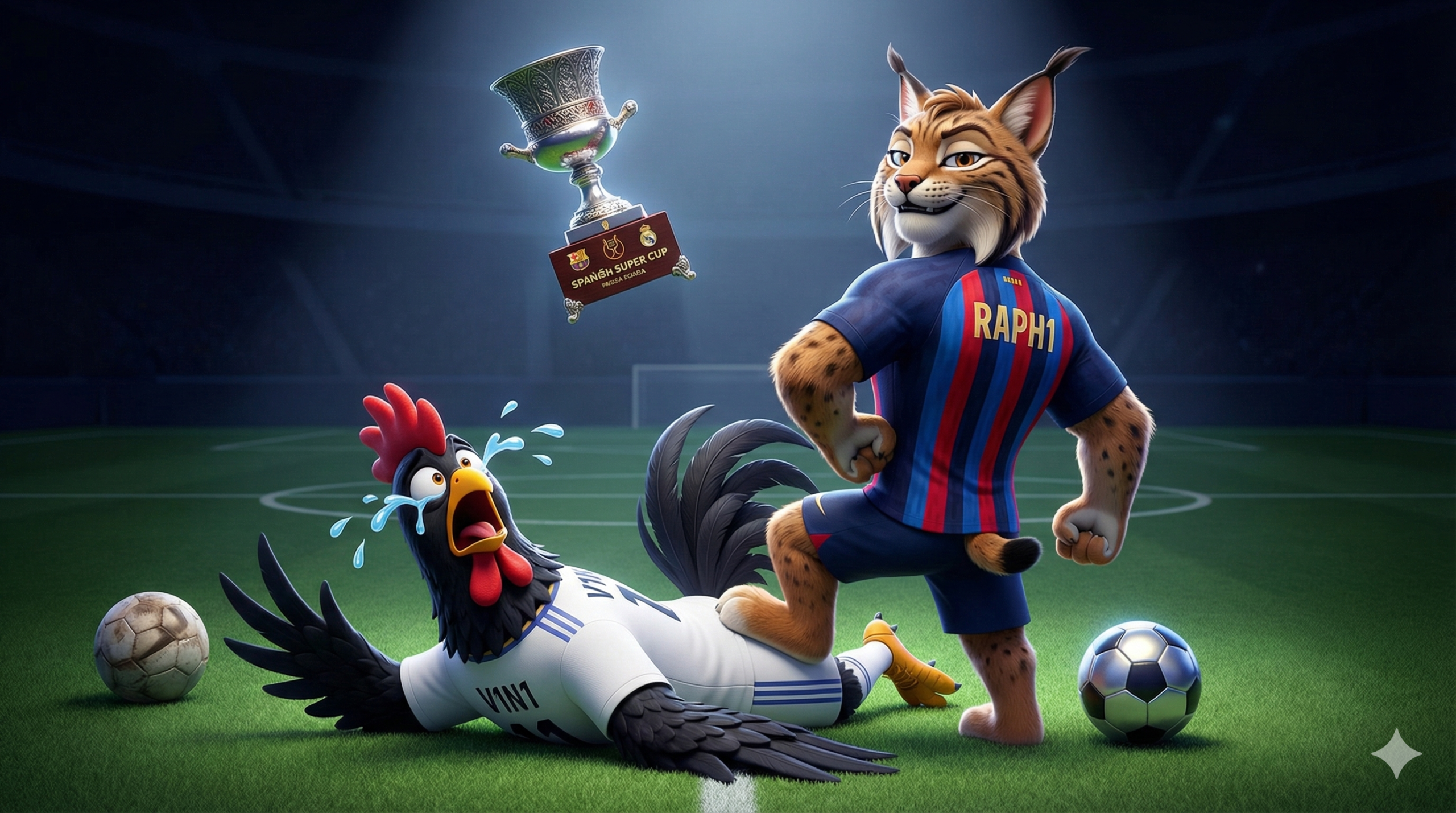 Ilustración 3D estilo Pixar de un lince con la camiseta del FC Barcelona (RAPH1) celebrando la victoria sobre un gallo negro con la camiseta del Real Madrid (V1N1) frente al trofeo de la Supercopa de España 2026.