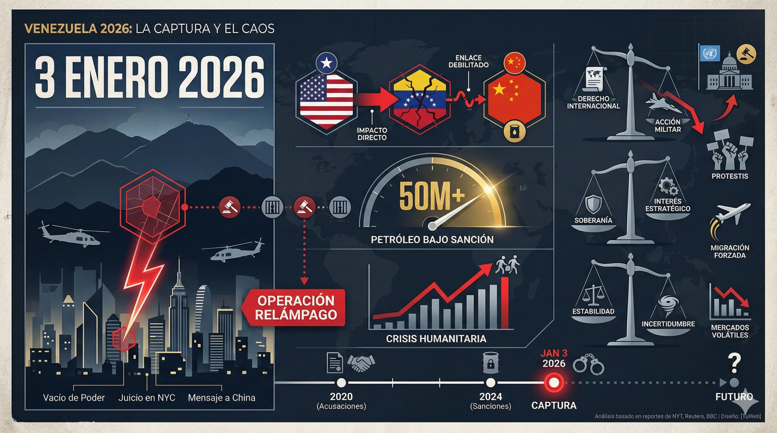 Infografía detallada sobre la situación política de Venezuela en 2026, mostrando la "Operación Relámpago", el impacto en las sanciones petroleras de 50 millones de barriles y la crisis migratoria tras la captura del 3 de enero.